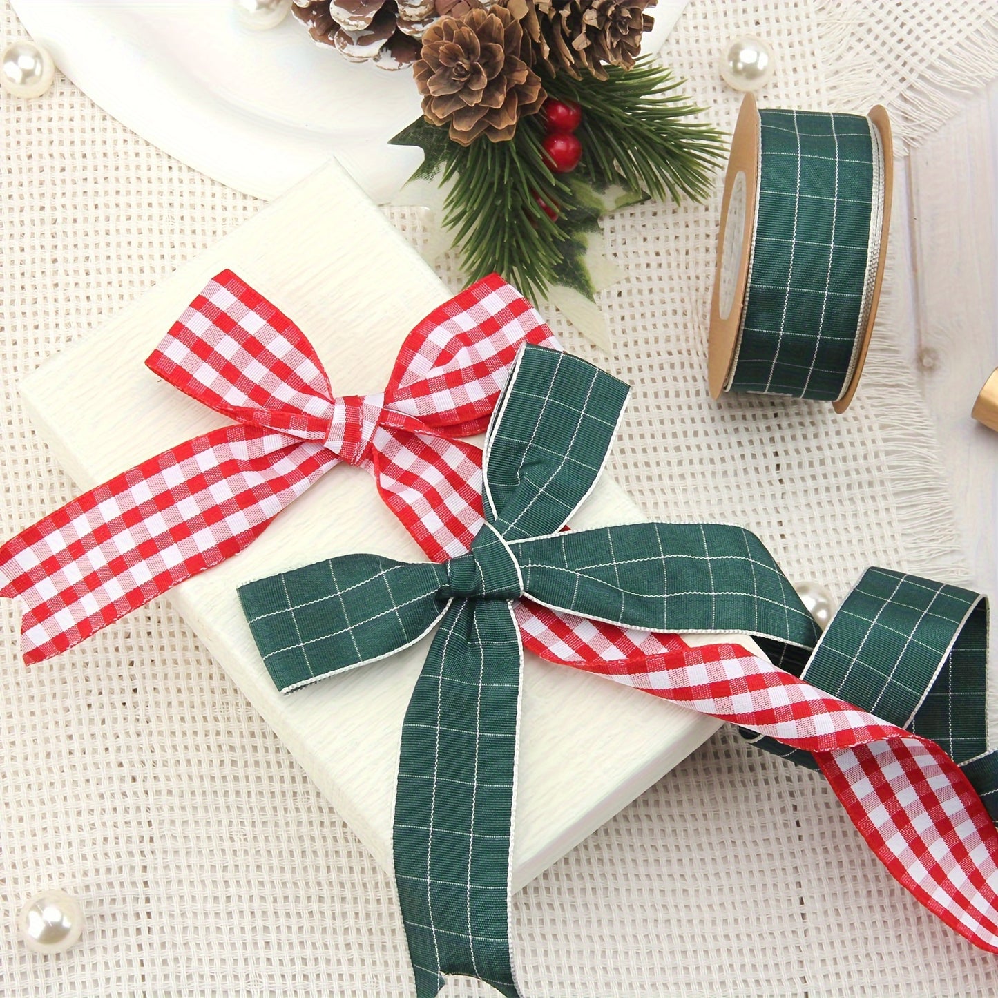 1pc, Plaid Ribbon 354.33 Inch Red Green Christmas Plaid Packaging Bag Tie Gift Box Packaging Flower Cake Packaging Ribbon Holiday Party Decoration Ribbon Handmade Jewelry Accessories, Ribbons For Bouquets, Flower Wrapping Pap