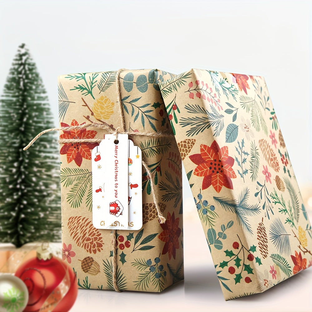 1 Roll Rustic Christmas Gift Wrapping Paper, Floral & Leaf Design, Kraft Brown, No-Component, Tree & Reindeer Theme, Art & Craft Supplies, Sewing Paper