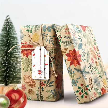 1 Roll Rustic Christmas Gift Wrapping Paper, Floral & Leaf Design, Kraft Brown, No-Component, Tree & Reindeer Theme, Art & Craft Supplies, Sewing Paper