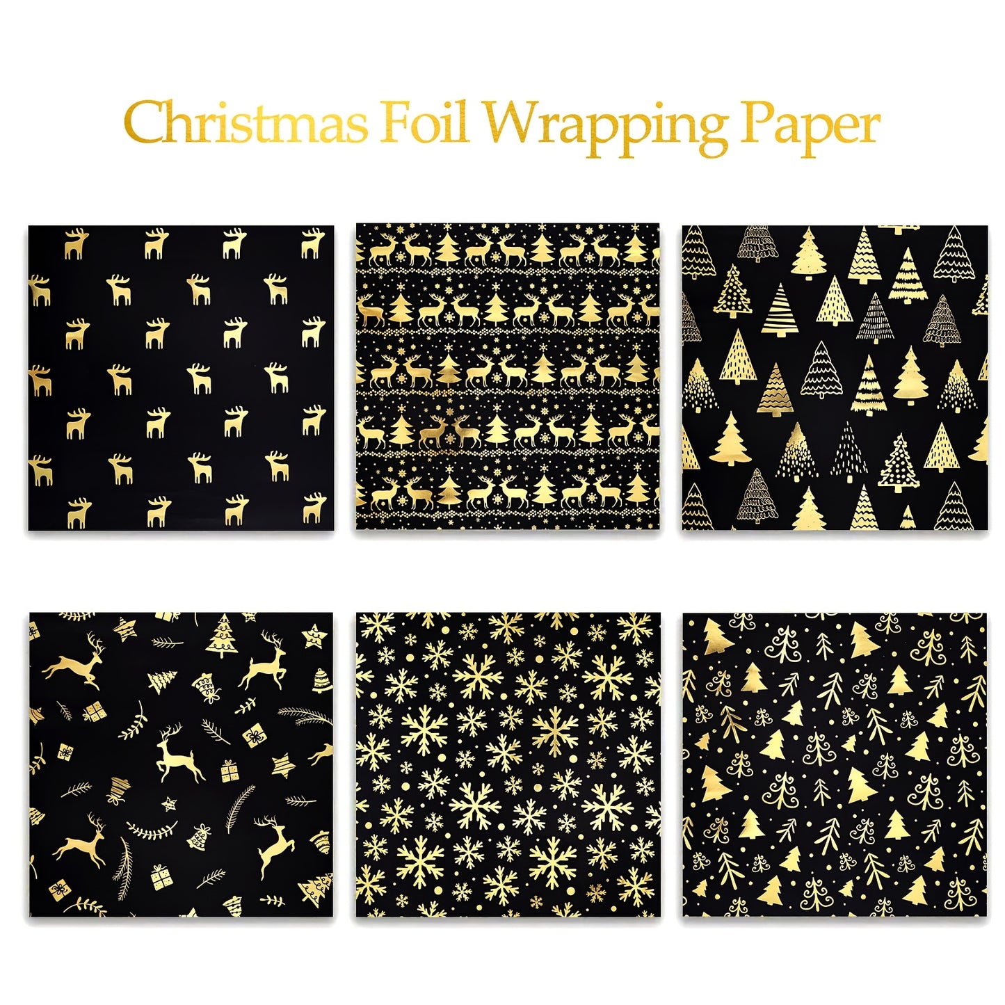 6 Pcs Foil Christmas Wrapping Paper - 19.7 Inches X 27.5 Inches Each - Black Gold Xmas Design For Parties, Holidays Gift
