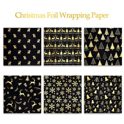 6 Pcs Foil Christmas Wrapping Paper - 19.7 Inches X 27.5 Inches Each - Black Gold Xmas Design For Parties, Holidays Gift