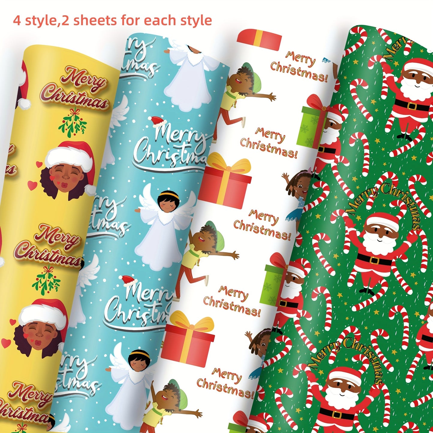 Festive 4-Style African American Christmas Wrapping Paper: 20x28 Inch Bulk Gift Wrap with Cute Xmas Designs for Black People - Holiday Birthday Office Supplies