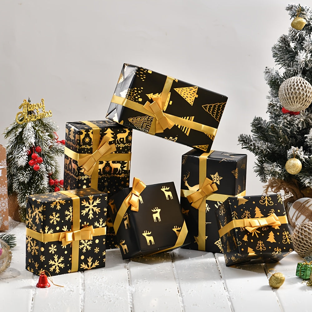 6 Pcs Foil Christmas Wrapping Paper - 19.7 Inches X 27.5 Inches Each - Black Gold Xmas Design For Parties, Holidays Gift
