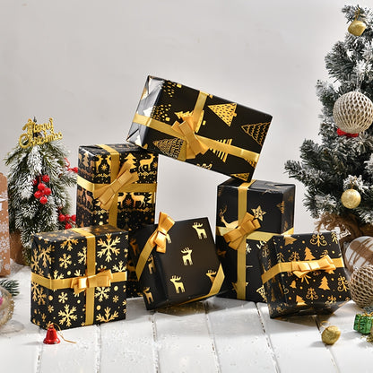 6 Pcs Foil Christmas Wrapping Paper - 19.7 Inches X 27.5 Inches Each - Black Gold Xmas Design For Parties, Holidays Gift
