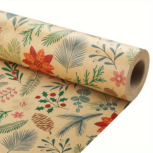 1 Roll Rustic Christmas Gift Wrapping Paper, Floral & Leaf Design, Kraft Brown, No-Component, Tree & Reindeer Theme, Art & Craft Supplies, Sewing Paper