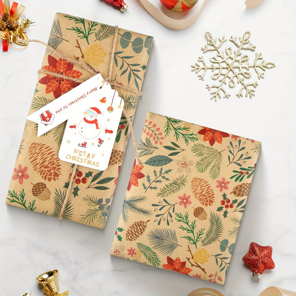 1 Roll Rustic Christmas Gift Wrapping Paper, Floral & Leaf Design, Kraft Brown, No-Component, Tree & Reindeer Theme, Art & Craft Supplies, Sewing Paper