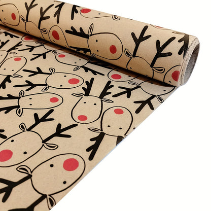 Vintage Reindeer Christmas Kraft Wrapping Paper Roll - Large 16.9" x 118.1" Light Brown Animal Pattern, Smooth Finish for Gifts & Crafts