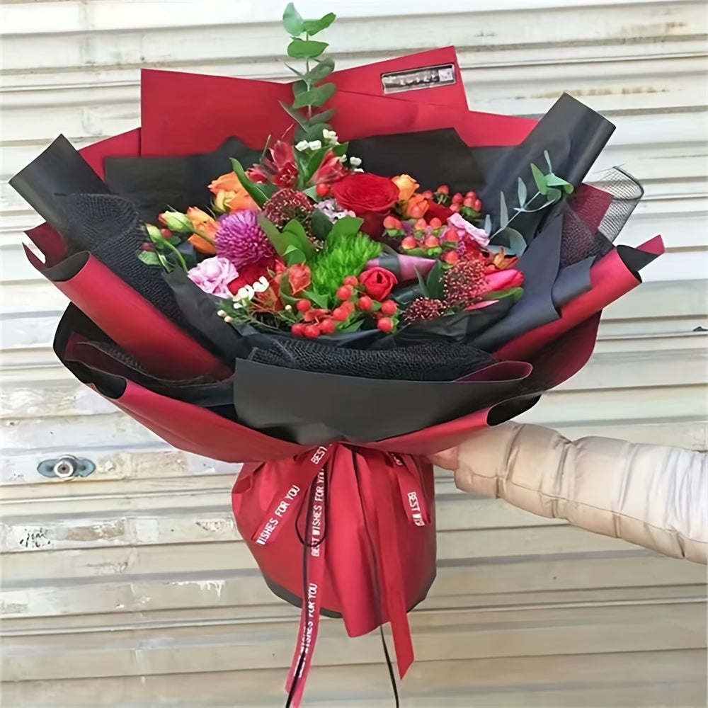 Double-Sided Color 20 Sheets Waterproof Red And Black Flower Wrapping Paper - Gift Packaging DIY Crafts, Tissue Paper, Bouquet Supplies - Any Occasion Decor, Weddings Wrap