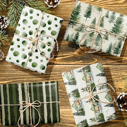 12-Pack Vintage Christmas Wrapping Paper, Festive Green Holiday Handmade Gift Wrap, Christmas Tree & Reindeer Themed, Office Gift Packaging, No Accessories Included