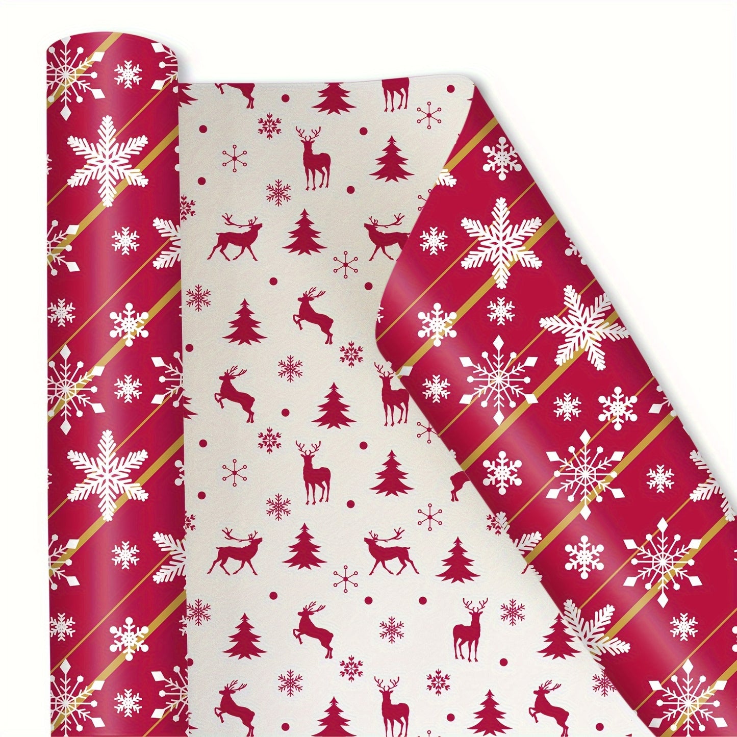 1pc Double-Sided Gift Wrapping Paper - Red Christmas Snowflake & Reindeer Pattern, 17"x600", Striped Style, Paper Material with Adhesive Labels, Essential for Holiday Presents, for Youngsters/Family/Friends, Stationery and Gi
