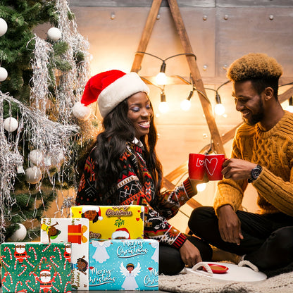 Festive 4-Style African American Christmas Wrapping Paper: 20x28 Inch Bulk Gift Wrap with Cute Xmas Designs for Black People - Holiday Birthday Office Supplies