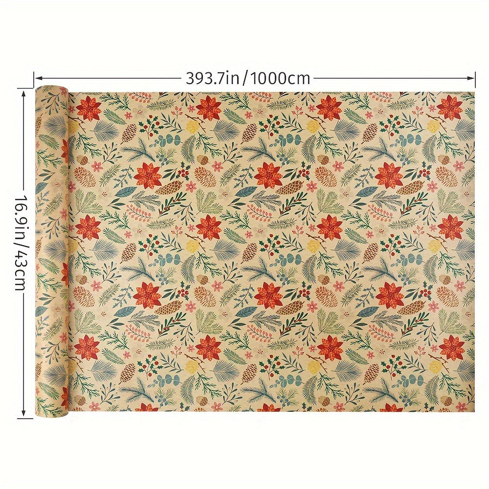 1 Roll Rustic Christmas Gift Wrapping Paper, Floral & Leaf Design, Kraft Brown, No-Component, Tree & Reindeer Theme, Art & Craft Supplies, Sewing Paper