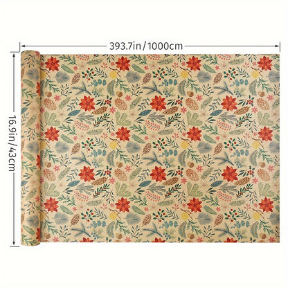 1 Roll Rustic Christmas Gift Wrapping Paper, Floral & Leaf Design, Kraft Brown, No-Component, Tree & Reindeer Theme, Art & Craft Supplies, Sewing Paper