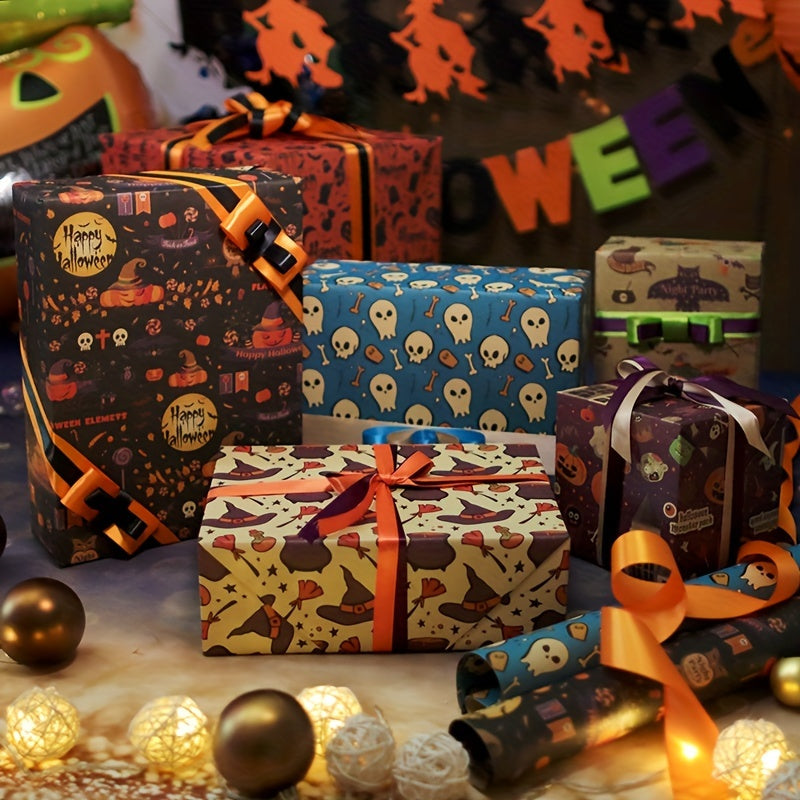 6-Piece Halloween Gift Wrap Set - Pumpkin, Ghost, Castle, Potion, Skull & Broom Patterns | Premium Wrapping Paper For Spooky Party Decorations