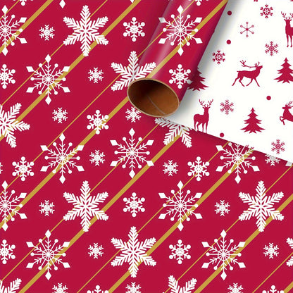1pc Double-Sided Gift Wrapping Paper - Red Christmas Snowflake & Reindeer Pattern, 17"x600", Striped Style, Paper Material with Adhesive Labels, Essential for Holiday Presents, for Youngsters/Family/Friends, Stationery and Gi