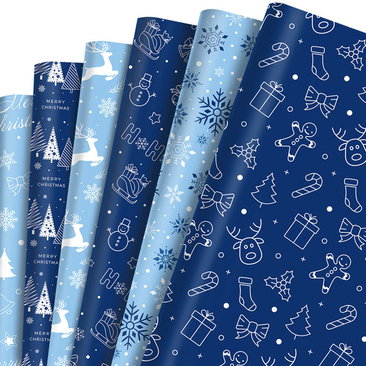 12pcs Dark Blue Christmas Wrapping Paper with Snowflake & Reindeer Designs - Perfect for Gift Boxes, Party Favors & Decorations