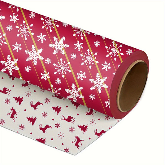 1pc Double-Sided Gift Wrapping Paper - Red Christmas Snowflake & Reindeer Pattern, 17"x600", Striped Style, Paper Material with Adhesive Labels, Essential for Holiday Presents, for Youngsters/Family/Friends, Stationery and Gi