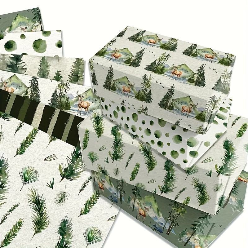 12-Pack Vintage Christmas Wrapping Paper, Festive Green Holiday Handmade Gift Wrap, Christmas Tree & Reindeer Themed, Office Gift Packaging, No Accessories Included