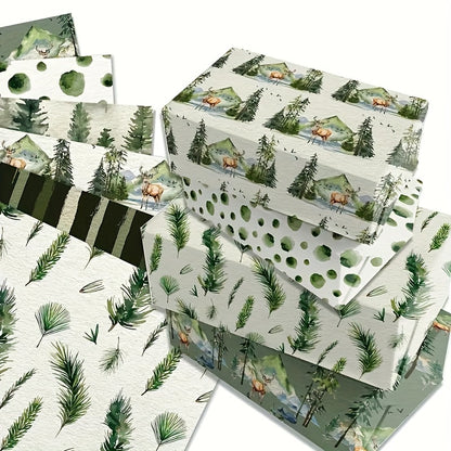 12-Pack Vintage Christmas Wrapping Paper, Festive Green Holiday Handmade Gift Wrap, Christmas Tree & Reindeer Themed, Office Gift Packaging, No Accessories Included