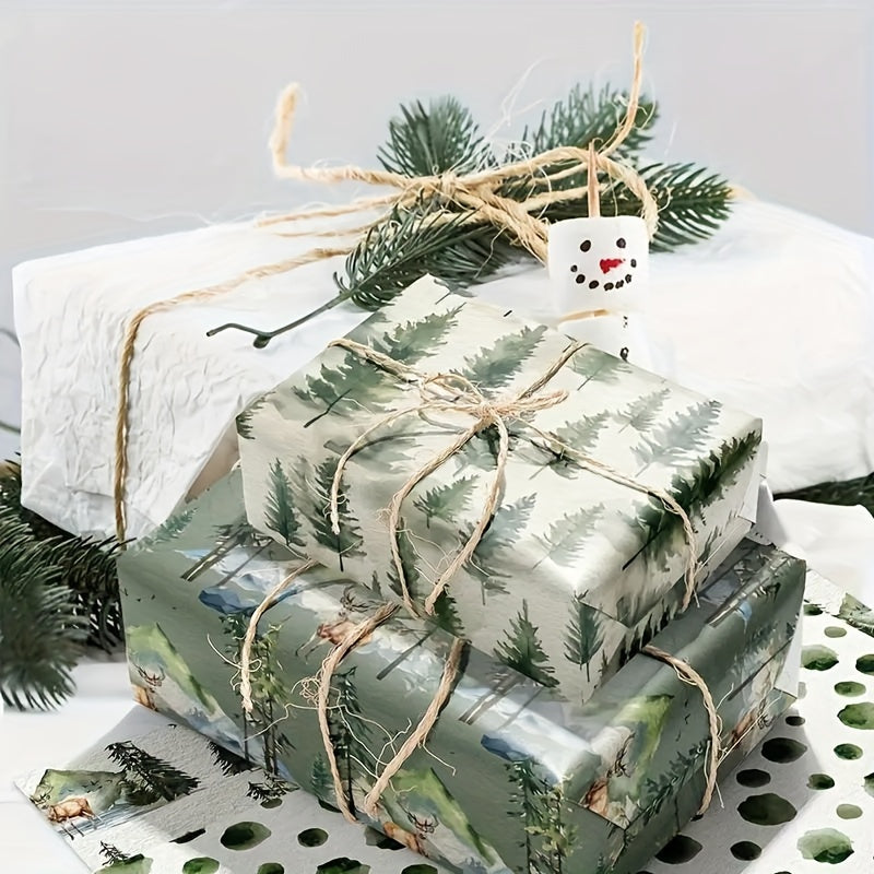 12-Pack Vintage Christmas Wrapping Paper, Festive Green Holiday Handmade Gift Wrap, Christmas Tree & Reindeer Themed, Office Gift Packaging, No Accessories Included