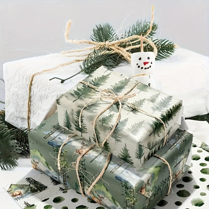12-Pack Vintage Christmas Wrapping Paper, Festive Green Holiday Handmade Gift Wrap, Christmas Tree & Reindeer Themed, Office Gift Packaging, No Accessories Included