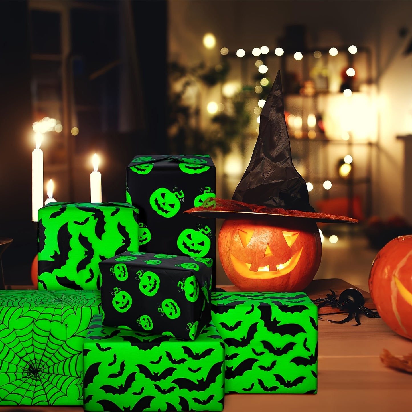 90-Pack Halloween Wrapping Paper - Black & Green With Pumpkin, Spider Web & Bat Designs, 13.8X19.7 Inches - Perfect For Party Favors & Crafts
