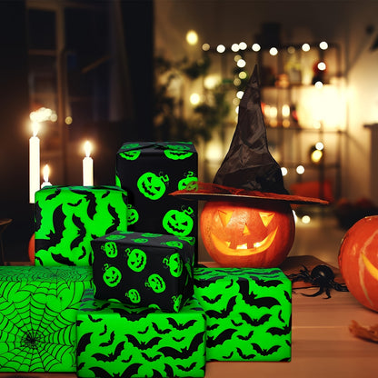 90-Pack Halloween Wrapping Paper - Black & Green With Pumpkin, Spider Web & Bat Designs, 13.8X19.7 Inches - Perfect For Party Favors & Crafts