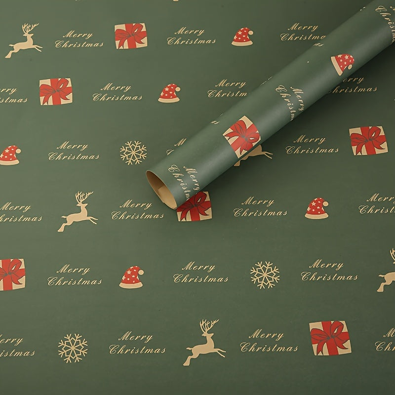7pcs Festive Kraft Wrapping Paper Set, Christmas Gift Wrap with Snowflake and Reindeer Design, Thick Paper for Holiday Presents and DIY Crafts
