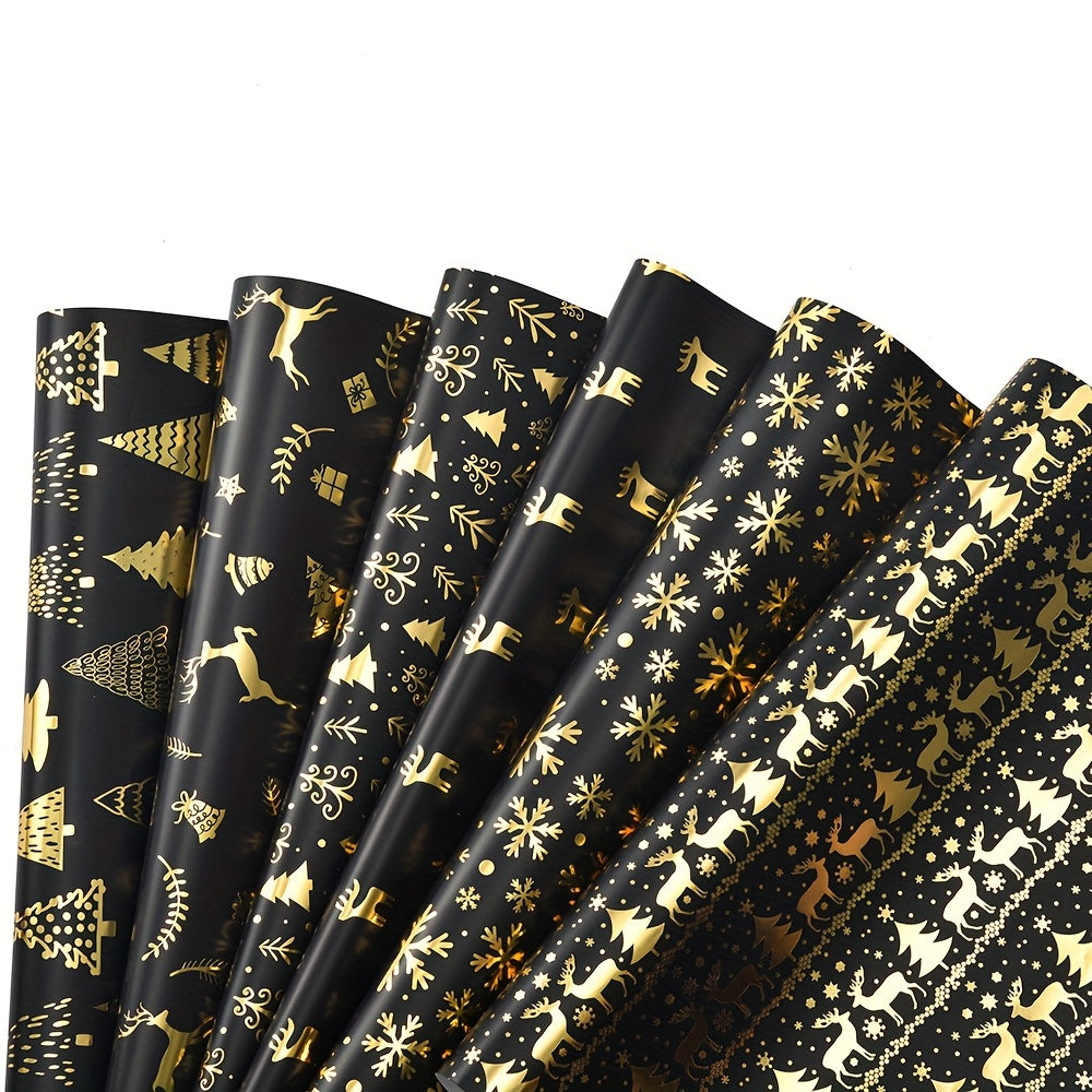 6 Pcs Foil Christmas Wrapping Paper - 19.7 Inches X 27.5 Inches Each - Black Gold Xmas Design For Parties, Holidays Gift