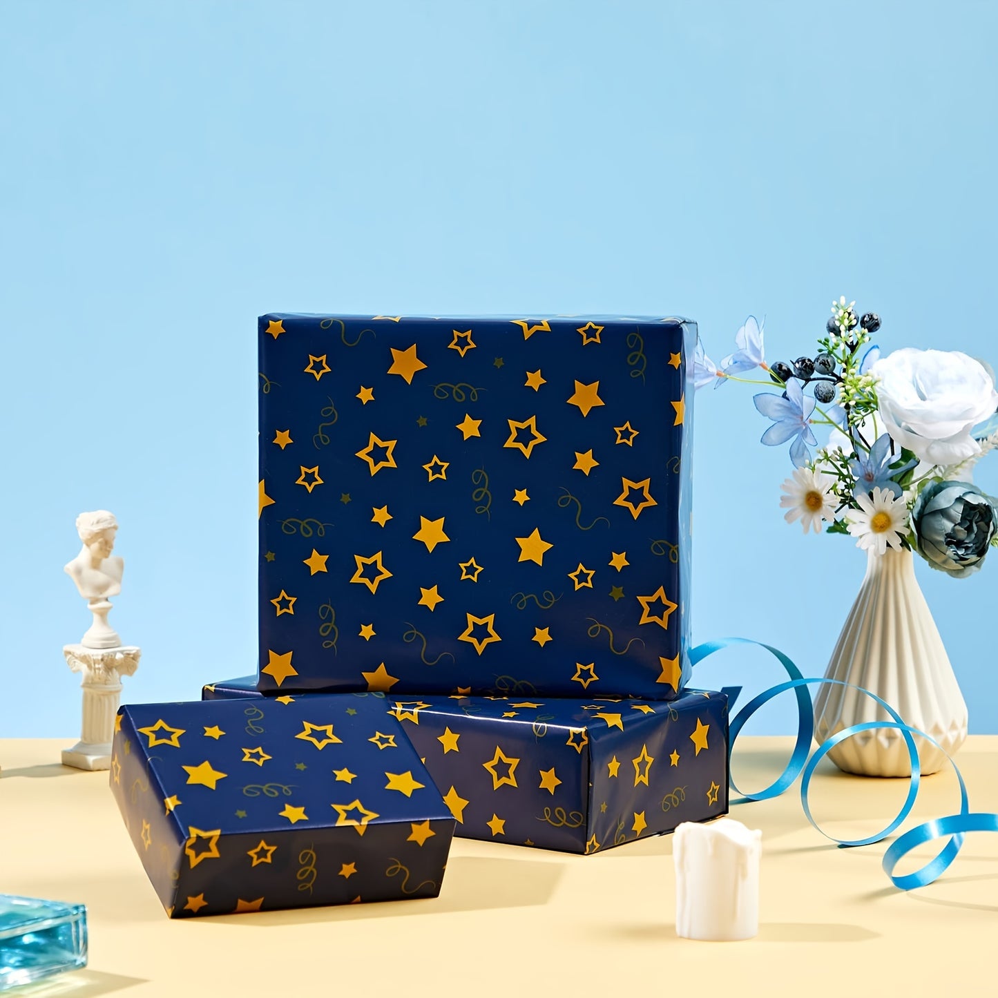 1 Roll, 39Ft Golden Snowflake Navy Blue Wrapping Paper Roll, Golden Star Navy Blue Wrapping Paper Roll Wrapping Paper For Birthday Present Party Christmas Gift Decorations (17in X 39Ft), Wrapping Paper, Tissue Paper, Flower B