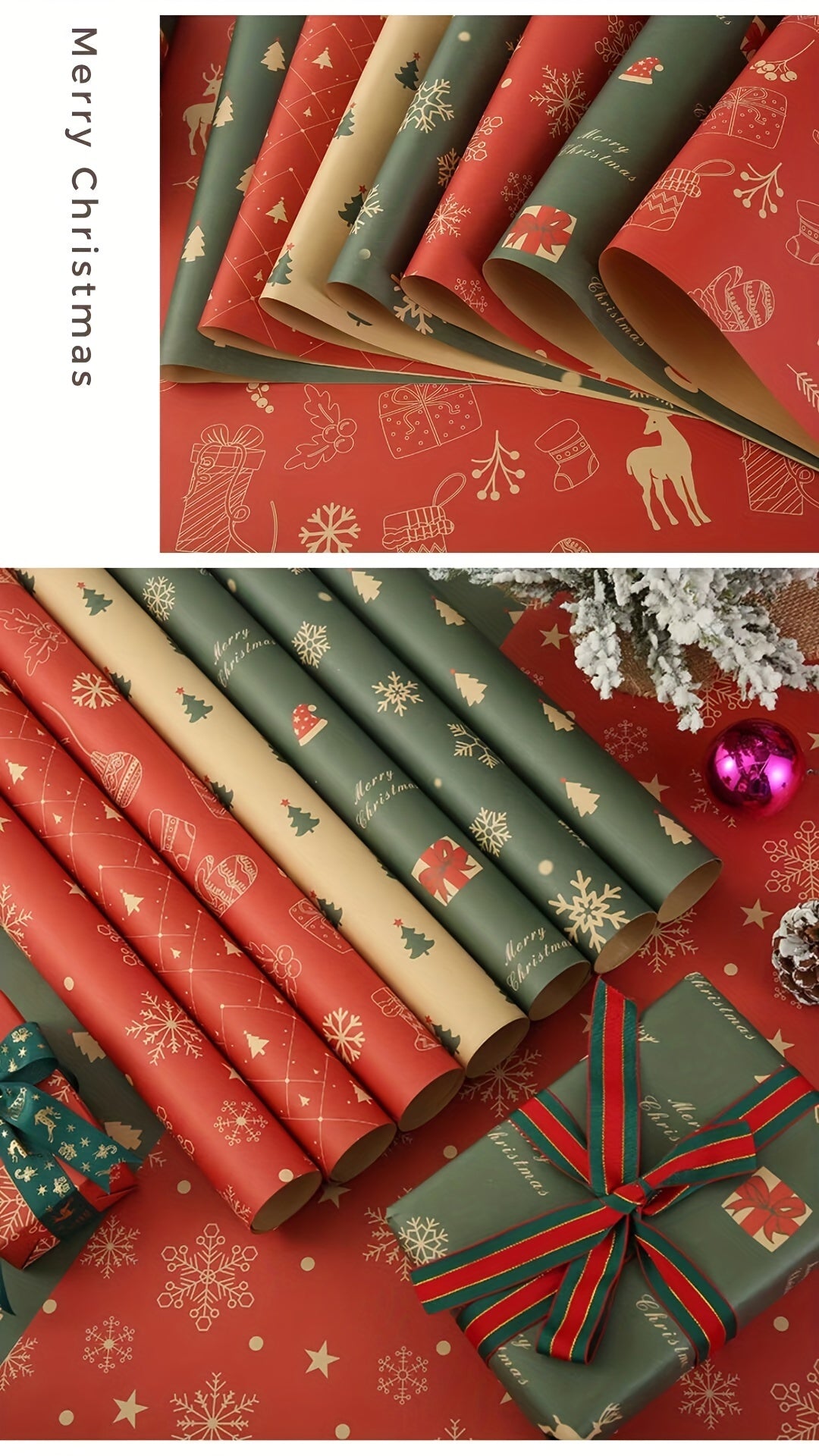 7pcs Festive Kraft Wrapping Paper Set, Christmas Gift Wrap with Snowflake and Reindeer Design, Thick Paper for Holiday Presents and DIY Crafts