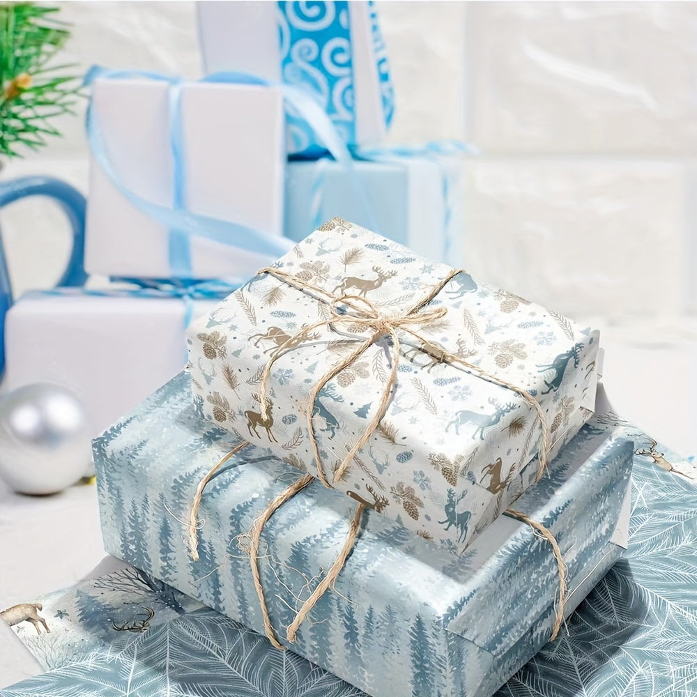 6pcs Premium Blue Series Gift Wrap with Reindeer & Forest Christmas Tree Design - Festive Holiday Wrapping Paper for Gifts, Perfect for Birthdays, Weddings, Youngsters Showers, Bridal Showers & More