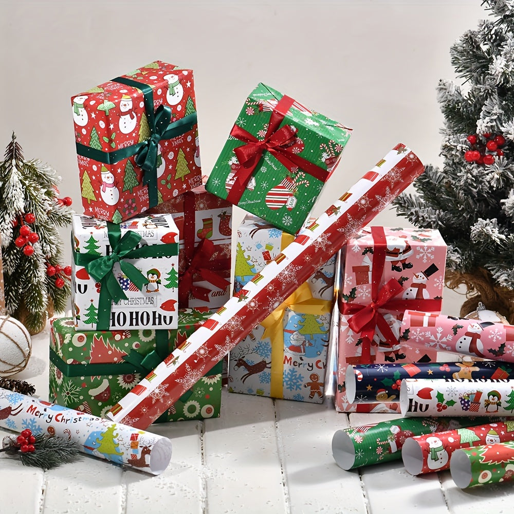 8-Pack Christmas Gift Wrapping Paper - High-Quality Double Copper Paper with Festive Santa, Reindeer & Tree Patterns for Holiday Gifts