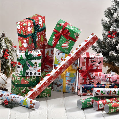 8-Pack Christmas Gift Wrapping Paper - High-Quality Double Copper Paper with Festive Santa, Reindeer & Tree Patterns for Holiday Gifts