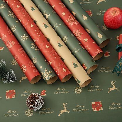 7pcs Festive Kraft Wrapping Paper Set, Christmas Gift Wrap with Snowflake and Reindeer Design, Thick Paper for Holiday Presents and DIY Crafts