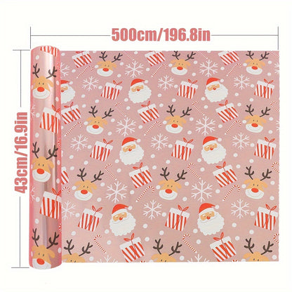 Glossy Christmas Wrapping Paper Roll - Large Size, Reindeer & Santa Design, Pink, 17in x 16Ft - Festive Gift Wrap for Holiday Presents