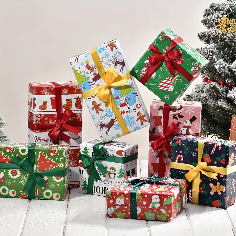 8-Pack Christmas Gift Wrapping Paper - High-Quality Double Copper Paper with Festive Santa, Reindeer & Tree Patterns for Holiday Gifts