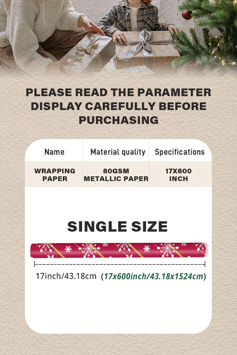 1pc Double-Sided Gift Wrapping Paper - Red Christmas Snowflake & Reindeer Pattern, 17"x600", Striped Style, Paper Material with Adhesive Labels, Essential for Holiday Presents, for Youngsters/Family/Friends, Stationery and Gi