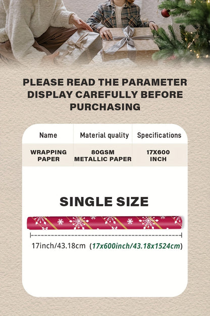 1pc Double-Sided Gift Wrapping Paper - Red Christmas Snowflake & Reindeer Pattern, 17"x600", Striped Style, Paper Material with Adhesive Labels, Essential for Holiday Presents, for Youngsters/Family/Friends, Stationery and Gi