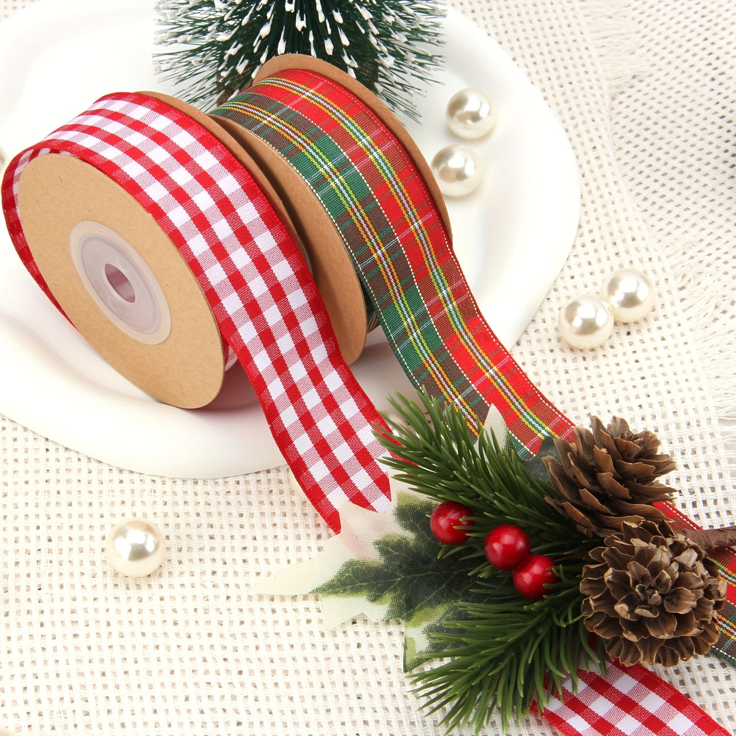 1pc, Plaid Ribbon 354.33 Inch Red Green Christmas Plaid Packaging Bag Tie Gift Box Packaging Flower Cake Packaging Ribbon Holiday Party Decoration Ribbon Handmade Jewelry Accessories, Ribbons For Bouquets, Flower Wrapping Pap