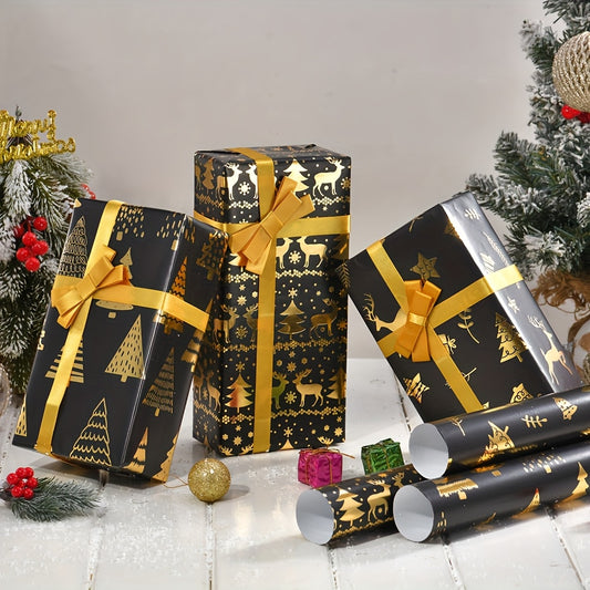 6 Pcs Foil Christmas Wrapping Paper - 19.7 Inches X 27.5 Inches Each - Black Gold Xmas Design For Parties, Holidays Gift