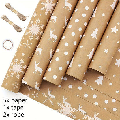 8-Pack Christmas Gift Wrapping Paper Rolls, Kraft Brown with White Patterns, Eco-Friendly Paper Material, Assorted Designs for Holiday Presents