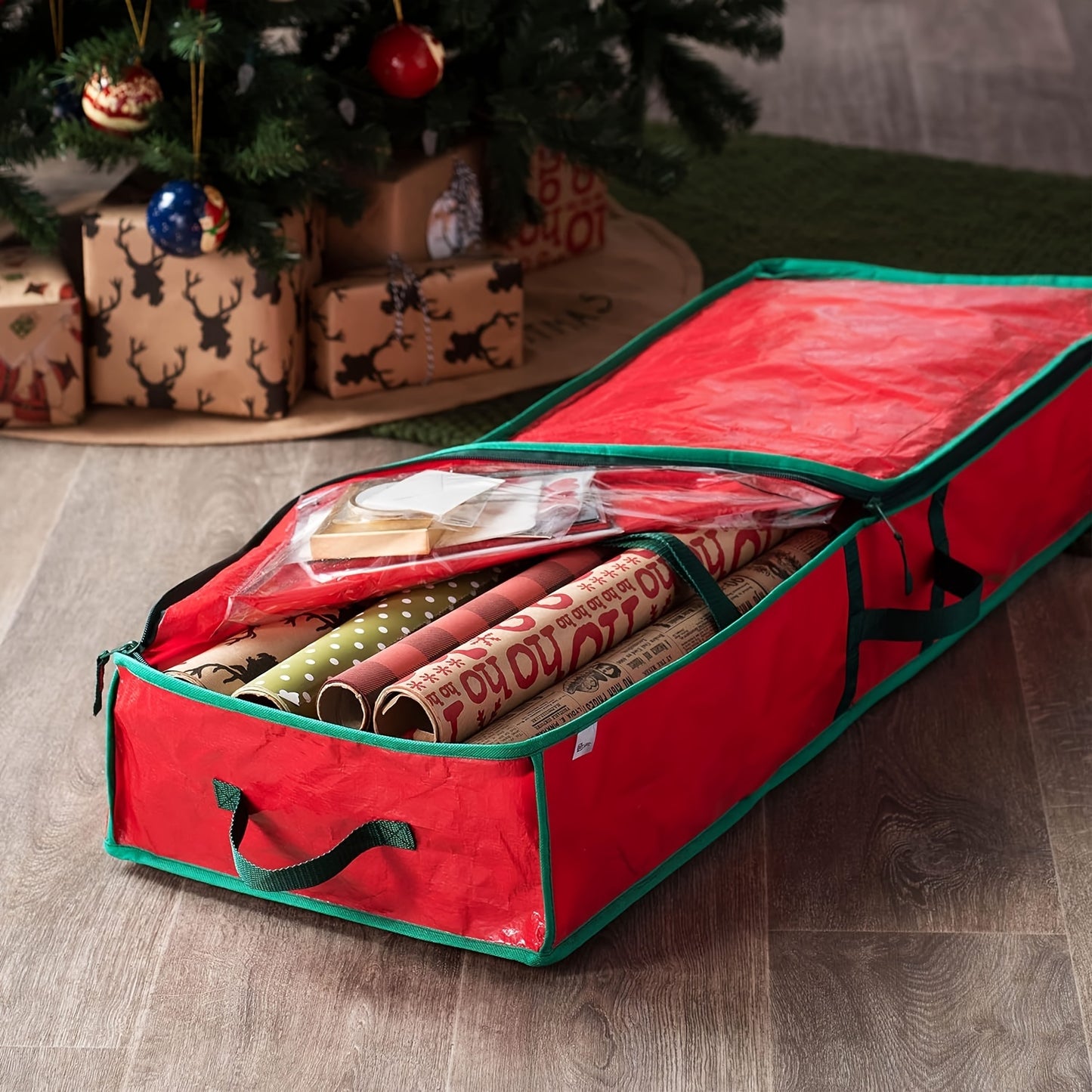 1pc Gift Wrapping Paper Organizer, Christmas Gift Wrapping Paper Storage Containers, Holiday Accessories Under The Bed Storage Bag, Dust, Moisture, And Sunlight Resistant Christmas Ornament Storage Bags, Red Organization And