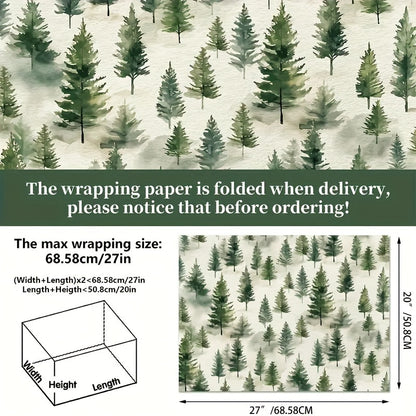 12-Pack Vintage Christmas Wrapping Paper, Festive Green Holiday Handmade Gift Wrap, Christmas Tree & Reindeer Themed, Office Gift Packaging, No Accessories Included